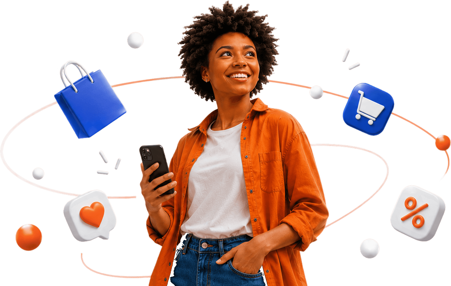 Young woman smiling holding a phone with floating 3D shopping icons